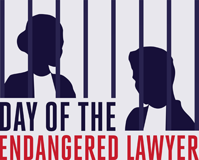 Logo Day of the Endangered Lawyer showing to abstract figures behind bars